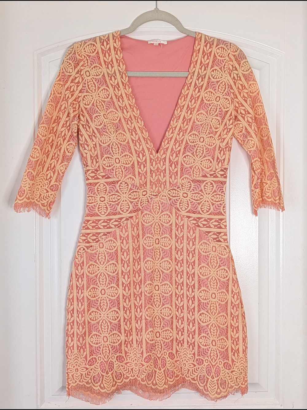 Luxxel Coral Floral Lace Deep V Sheath Mini Dress